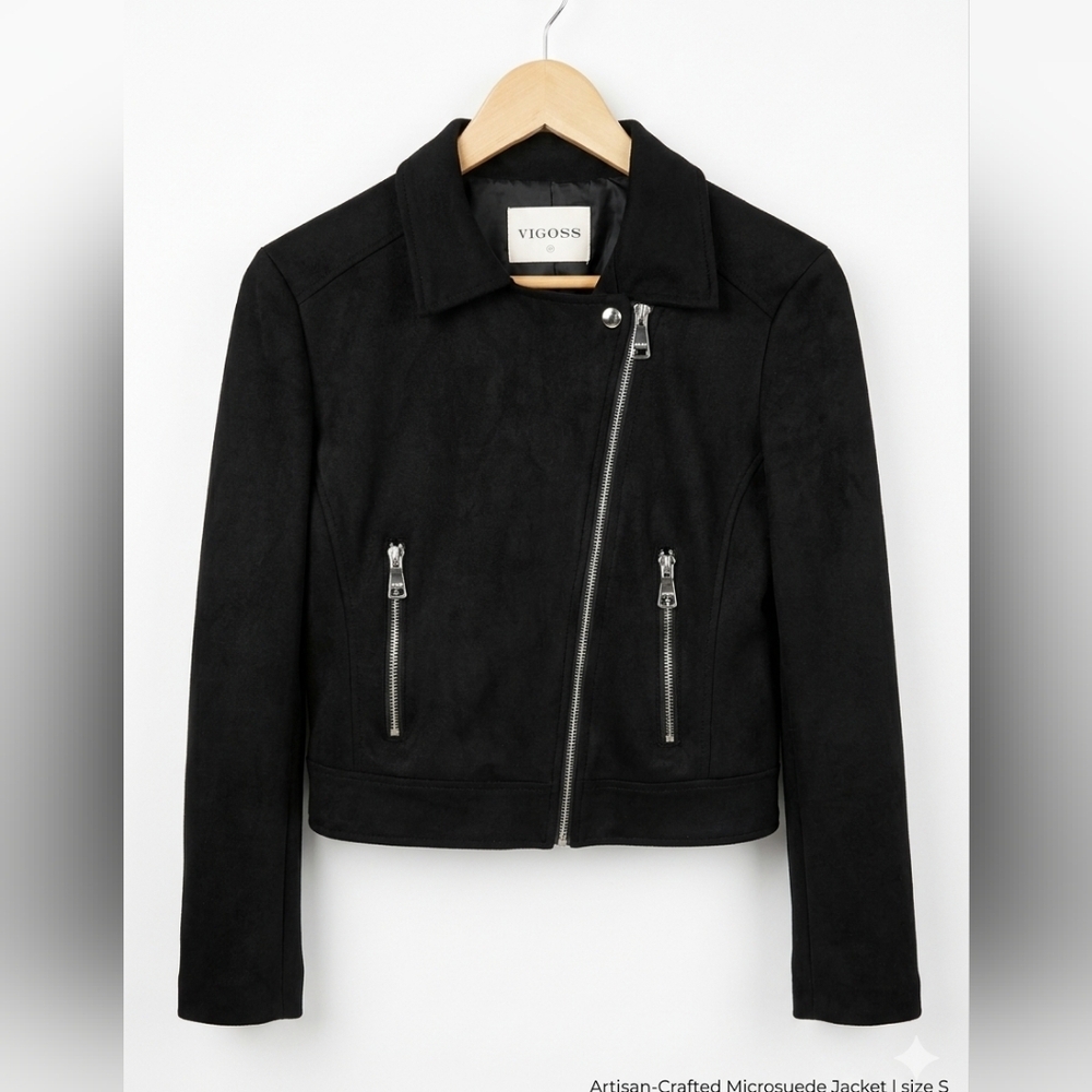 Vigoss Black Faux Suede Moto Jacket - Asymmetrical Zip - Size XS - VC-J00097A